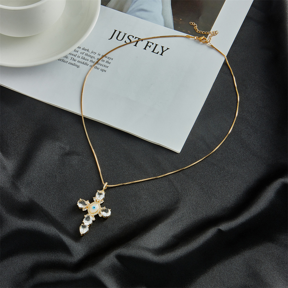 new cross pendant copper plated 18K gold zircon drip oil necklace female