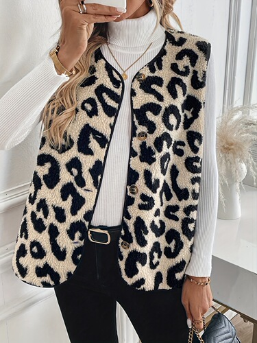 Autumn and winter new arrival European and American women's fashion plush vest with leopard-print front buttons for ladies
