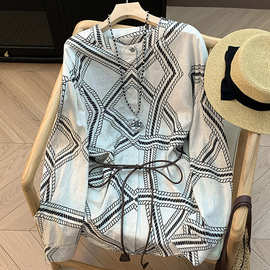 个性浪漫感/随机绳草纹图腾重磅天丝棉麻廓形外套式衬衫