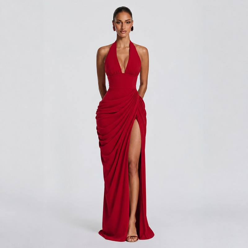 2026 New Cross-Border European and American Women's Fashion Sexy Deep V Halter Backless Tie Waist Slim High Slit Gown Dress