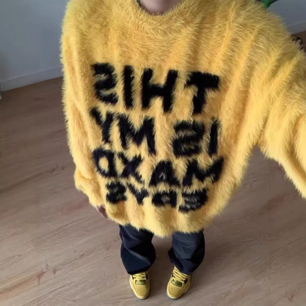 (2개) 미국 레트로 하이마 헤어 레터 자카드 컬러 대조 크루 넥 스웨터 남녀 트렌디 브랜드 루즈 올 매치 풀오버 스웨터