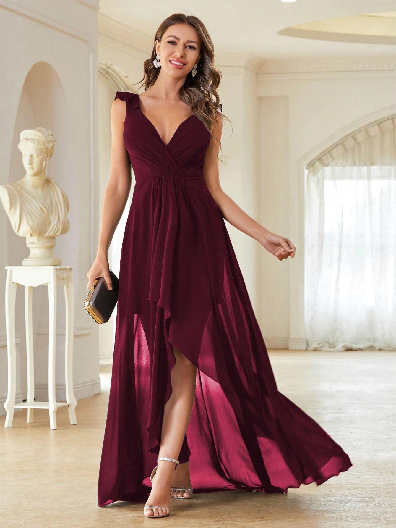 V neck Chiffon Evening Dress Chest Pleated Backless Front Short Back Long Dance Dress Party Dress Bridesmaid Dress