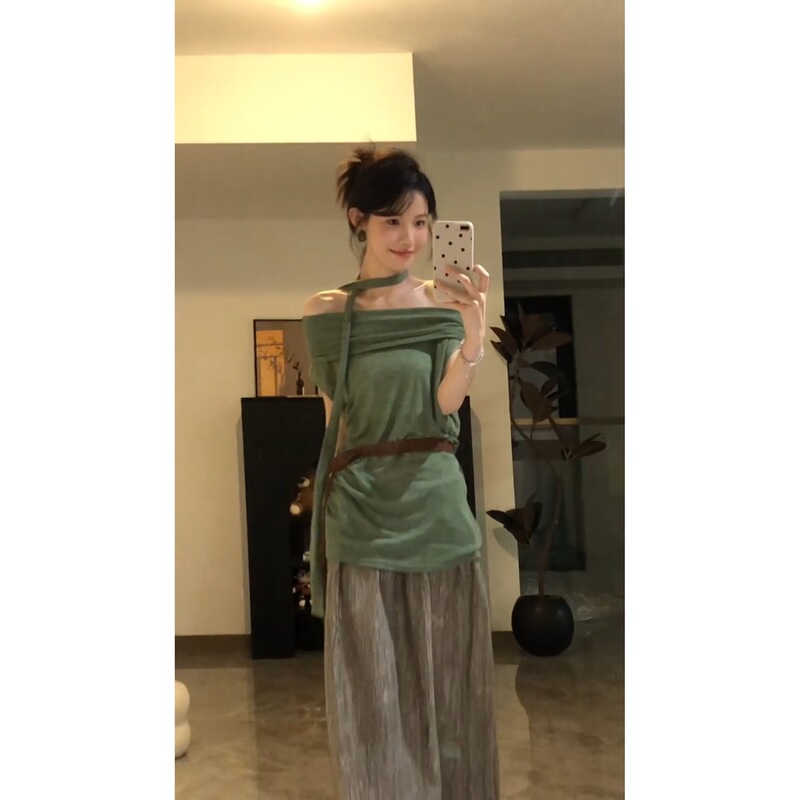 美式通勤简约斜肩多穿法绑带上衣夏季新款高腰慵懒半身裙两件套装|undefined