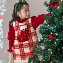 【圣诞节】裙子夹棉女童洋气红色年服套装新年时髦格子背心套装裙