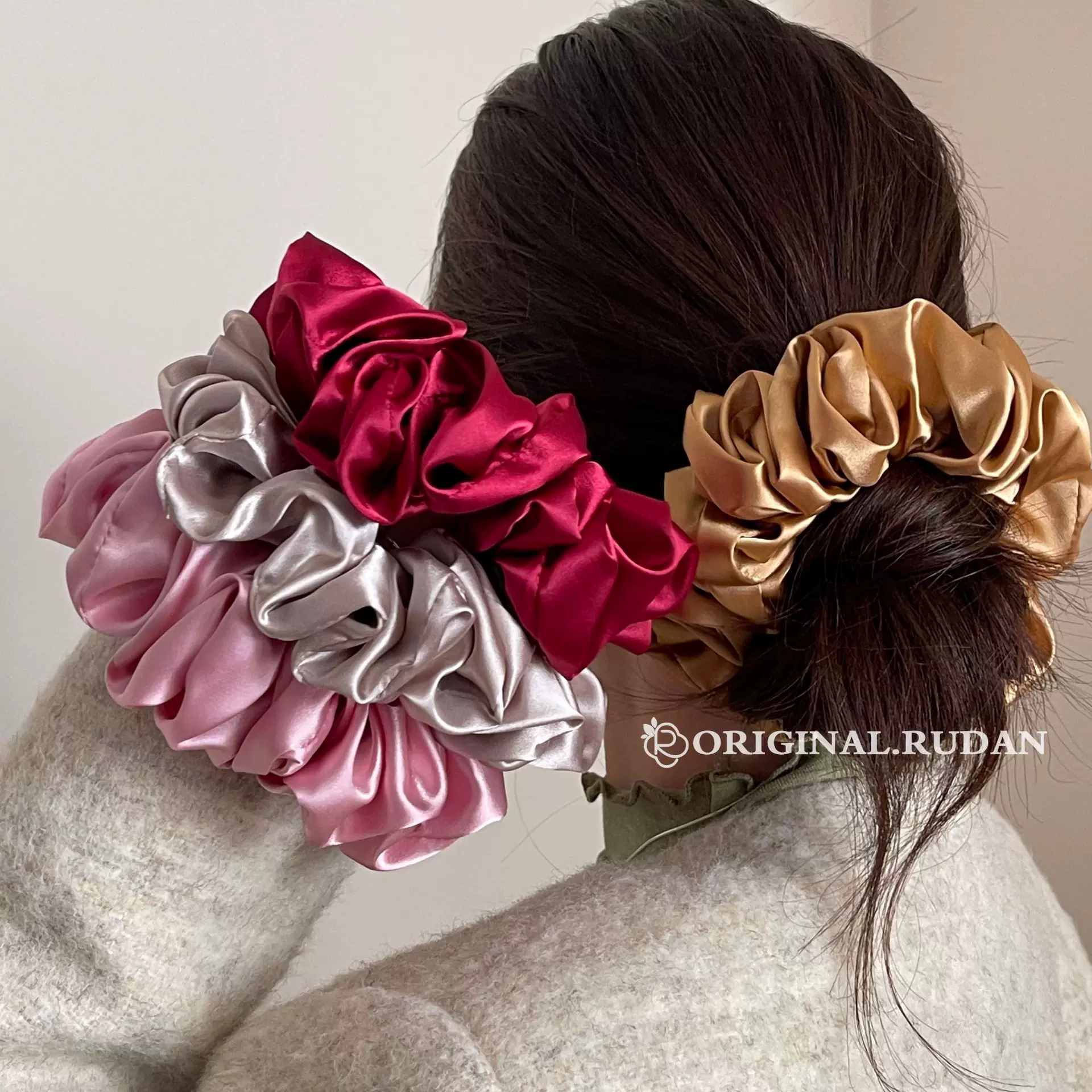 RUDAN亚马逊跨境纯色简约发圈女欧美复古感布艺褶皱大肠发圈
