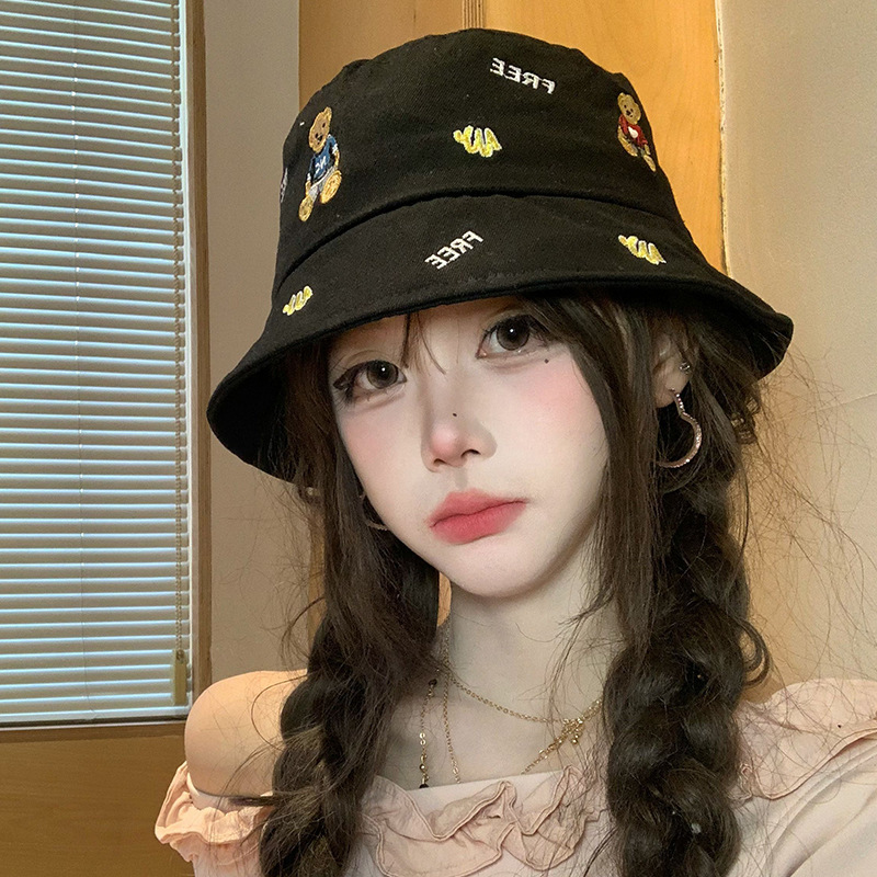 Summer Korean-style embroidered bear fisherman hat, outdoor sun protection, cute sun hat, versatile and face-slimming hat Summer Korean-style embroidered bear fisherman hat, outdoor sun protection, cute sun hat, versatile and face-slimming hat