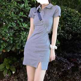 夏季polo领连衣裙女夏新款性感开衩包臀裙显瘦收腰短裙温柔裙子