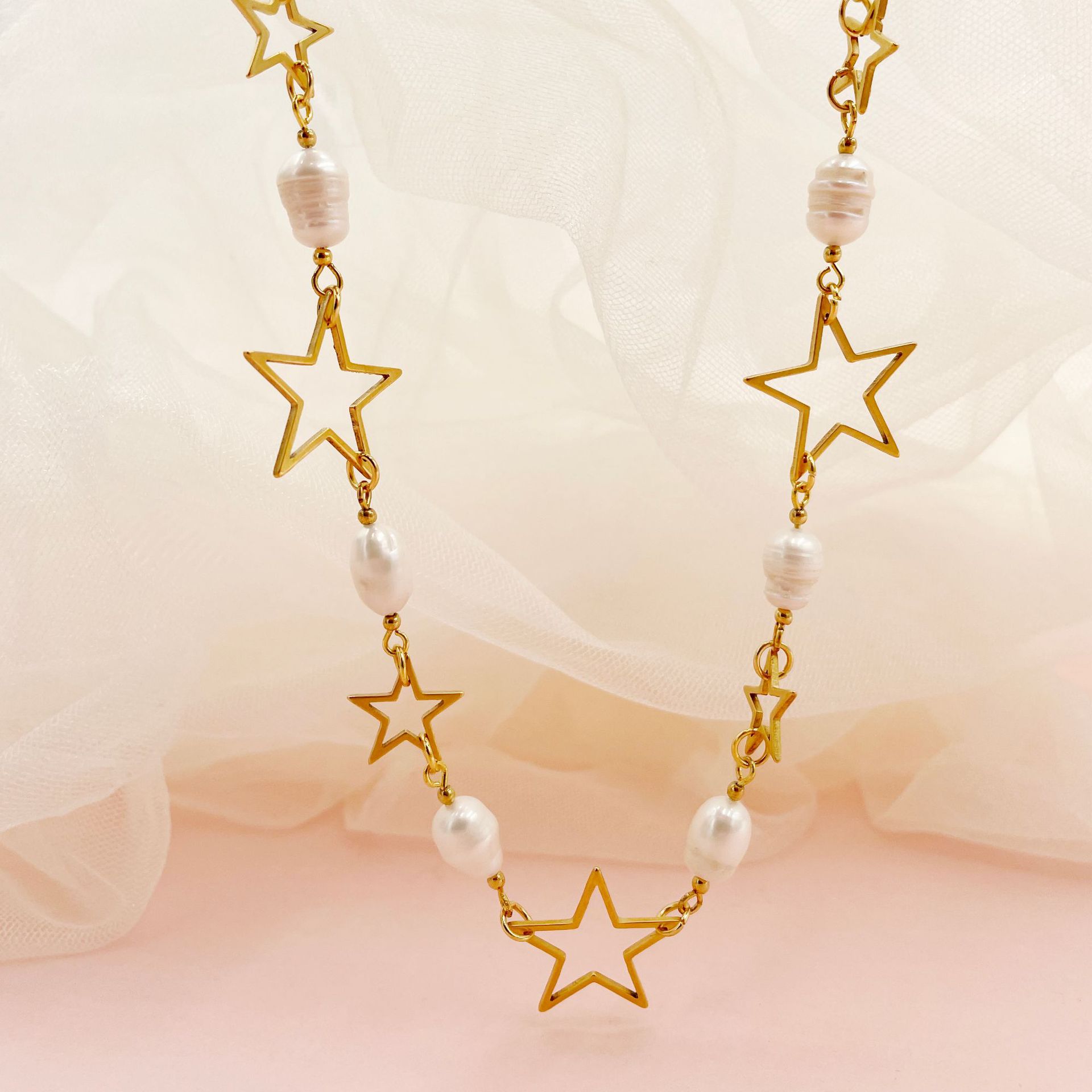 Moda Estrella Acero Inoxidable Embutido Perlas Artificiales Collar display picture 3