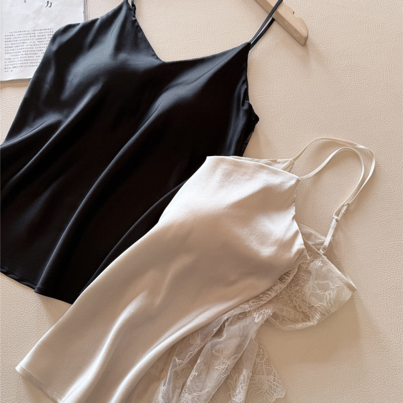 Light Luxury Silk Camisole with Lace Back Design for Women, Black V-Neck Versatile Top for Layering or Wearing Alone, Slimming Effect