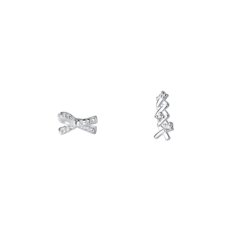 S999 sterling bow asymmetrical for women, fashionable and versatile, light luxury zircon foot silver earrings_voghion.com