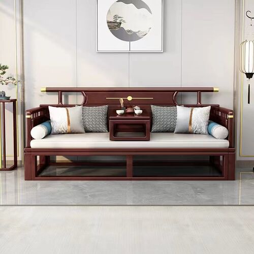 New Chinese-style Solid Wood Arhat Bed with Sliding Mechanism, Foldable Dual-Use Sofa Bed—Perfect for Small & Large Apartments, Offering Versatility and Functionality as a Two-Person Living Room Bed or Lounge Couch
