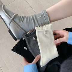 珍珠袜子女2025秋季新款纯色双针中筒袜甜美花边堆堆袜洛丽塔袜子