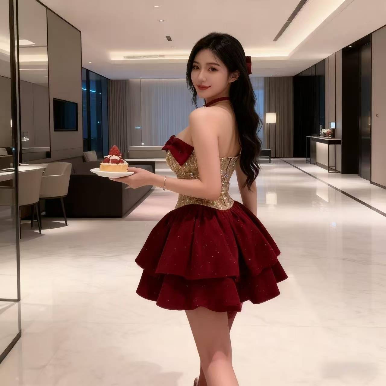 One-Shoulder French-Style Maid Costume Dress with Neck Ring, Waist-Cinching Puffy Mini Skirt — detail image 2