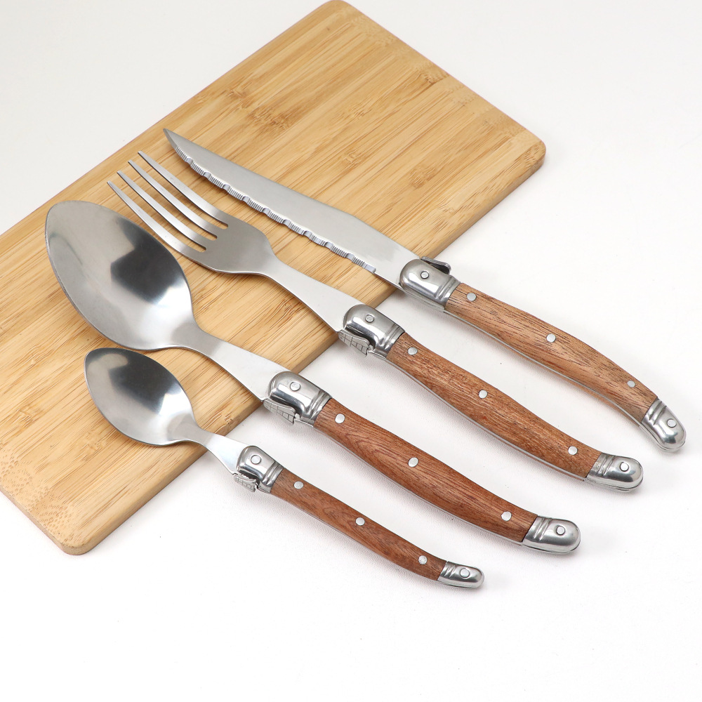Comercio exterior mango de madera filete de acero inoxidable cuchillo tenedor cuchara juego de vajilla cuchara cuchara cuchara cuchara cuchara de sopa carne cortada cuchillo especial para comida occidental