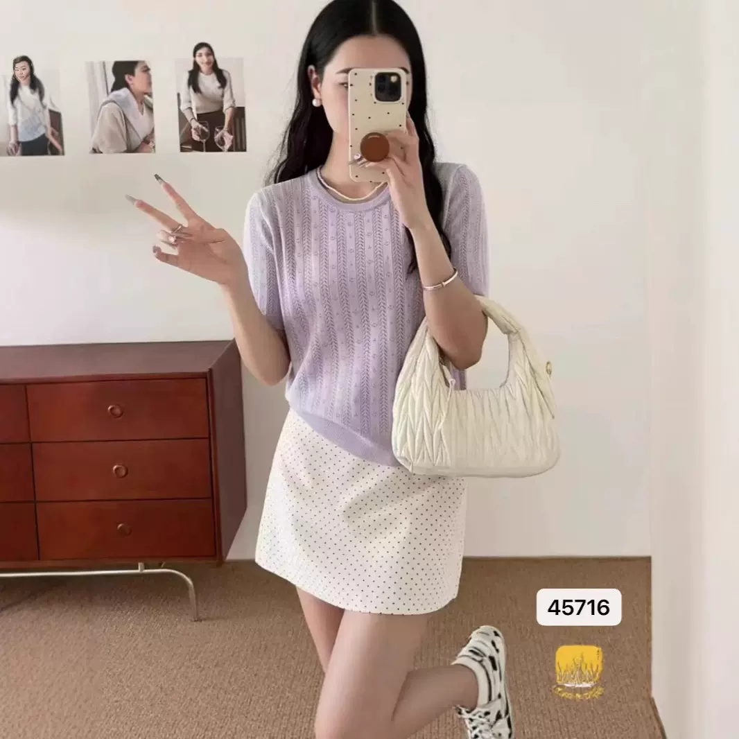 夏季小香风显瘦温柔风时尚短袖针织衫女ins韩系打底上衣
