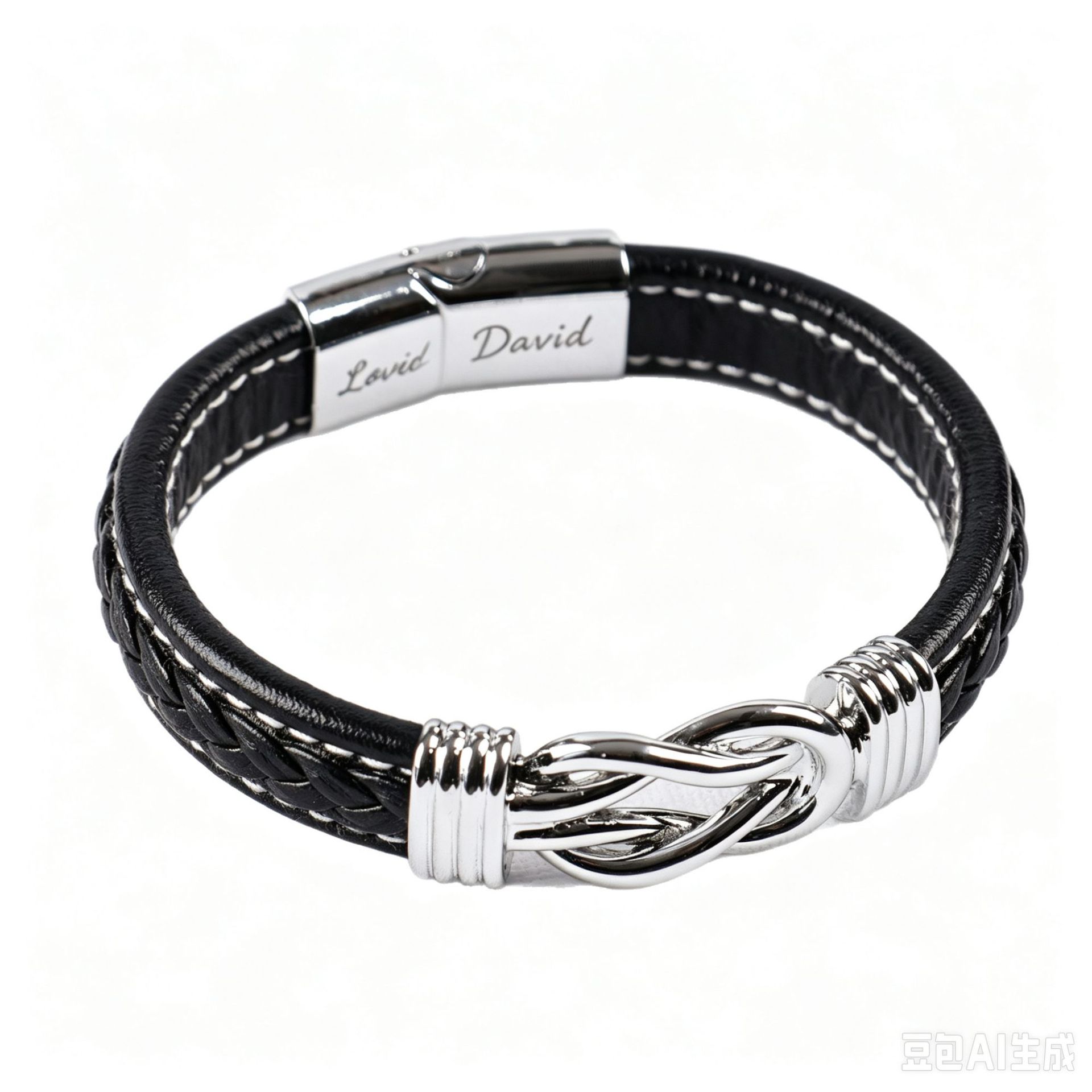 Cross-border bracelet black leather silver buckle engraved logo 19cm + card