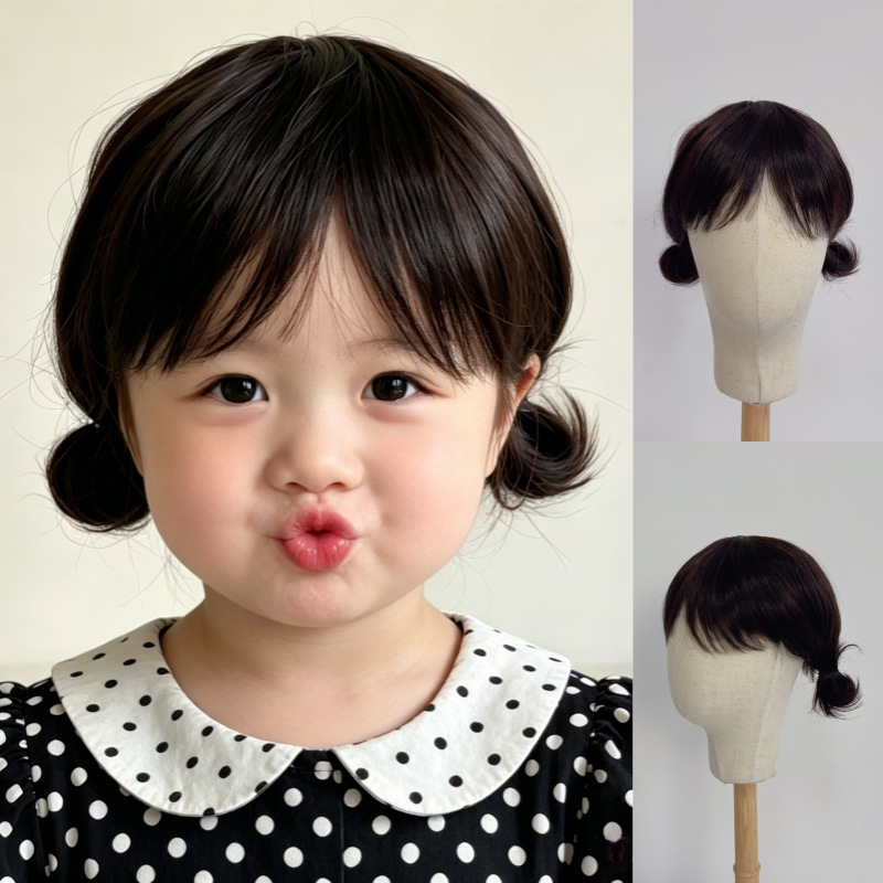 Direct Sale from the Manufacturer: Children's Synthetic Hair Wigs, Realistic Synthetic Hairpieces for Girls with Bangs and Double Buns, Suitable for Photo Shoots, in Stock Direct Sale from the Manufacturer: Children's Synthetic Hair Wigs, Realistic Synthetic Hairpieces for Girls with Bangs and Double Buns, Suitable for Photo Shoots, in Stock
