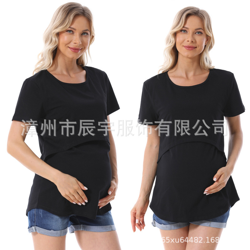 ゆるいアーチ型デザイン哺乳服外出ファッション辛い母親妊婦半袖tシャツ授乳服欧米大サイズ女装|undefined