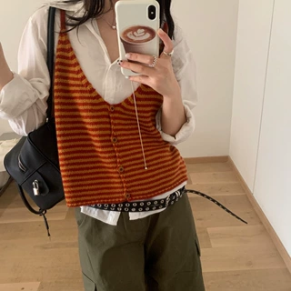 韩系撞色条纹V领针织马甲背心女春秋新款宽松休闲显瘦无袖毛衣潮