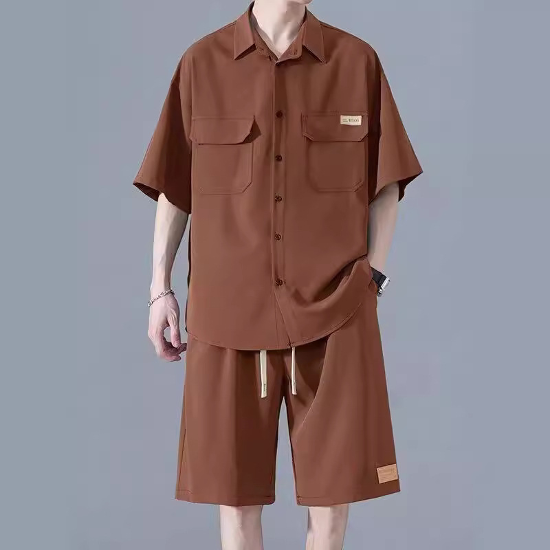 Summer Ice Silk Shirt Suit for Boys, Loose Shirt and Shorts, Handsome Matchinginging Youth Fashion Casual Two-piece Set
