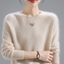 冬季新款拉毛针织衫女圆领拉绒毛衣宽松显瘦时尚纯色打底纯羊毛衫