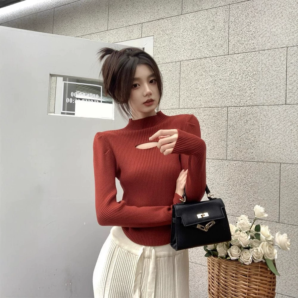 Трансграничная сладкая горячая девушка сердцебиение полый воротник с длинными рукавами женский осенний и зимний новый чистый сексуальный тонкий трикотаж топ