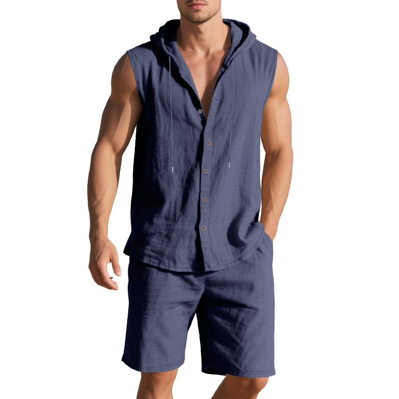 Tronos transfronterizos de hombres europeos y americanos verano americano suelto lino casual simple sin mangas camisa sin capucha pantalones cortos traje de dos piezas