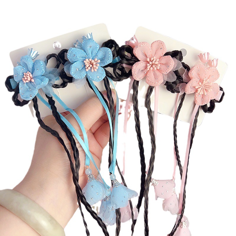 New Girls' Hanfu Headwear Clip Children's Antique Hair Clip Wig Girls' Antique Flower Hair Ornament Headband