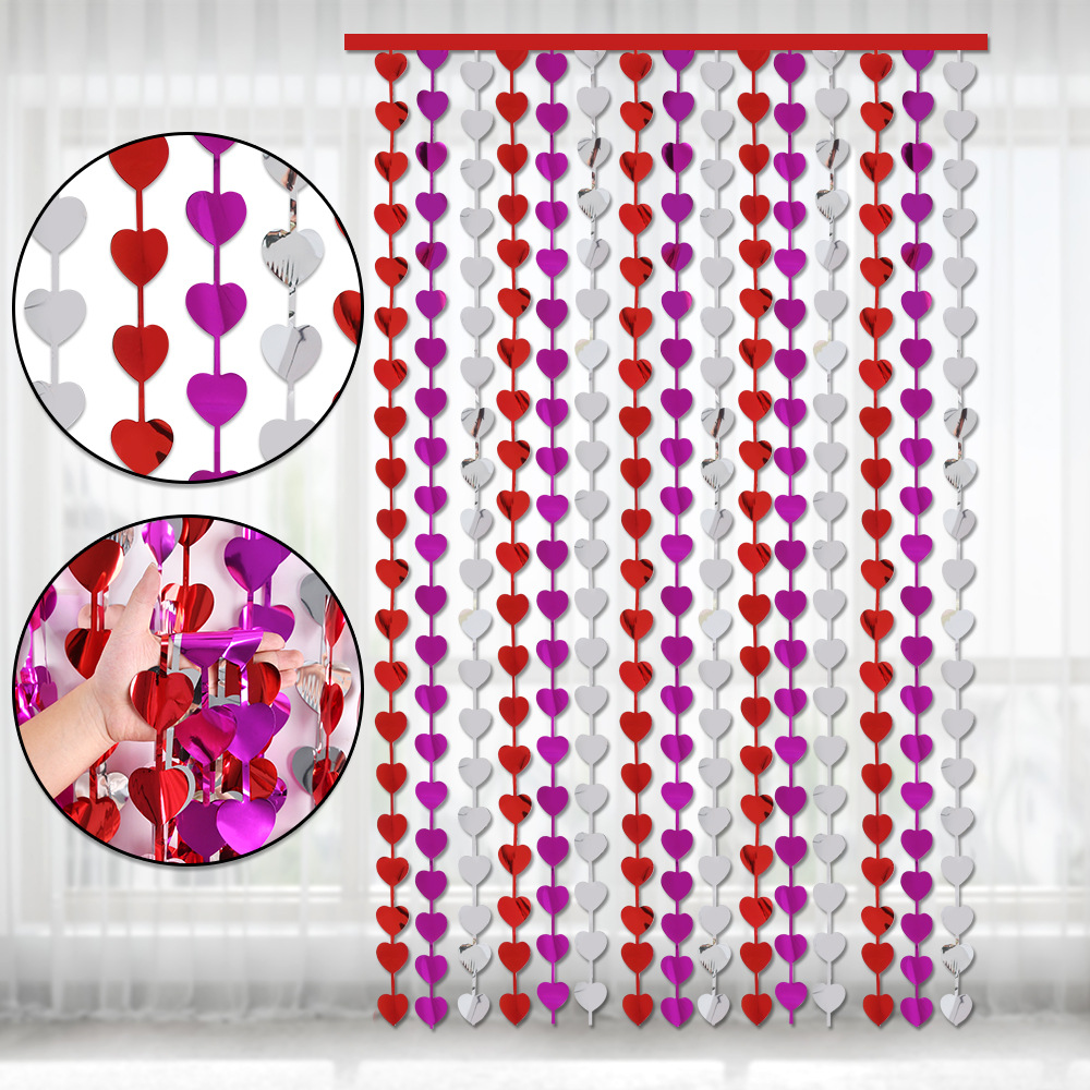 Nuevo brillante amor cortina de seda de lluvia Día de San Valentín diseño de la atmósfera de la boda cortina de fondo rojo plata corazón de aluminio cortina de puerta