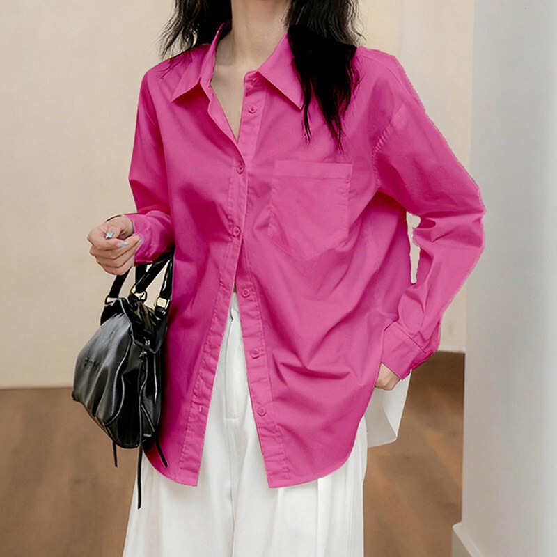 Pure Cotton Shirt Guangzhou Shisanxing Women's Autumn Dragon Fruit Color Rose Red Raspberry Pink Loose Long-Sleeve Top Jacket Pure Cotton Shirt Guangzhou Shisanxing Women's Autumn Dragon Fruit Color Rose Red Raspberry Pink Loose Long-Sleeve Top Jacket