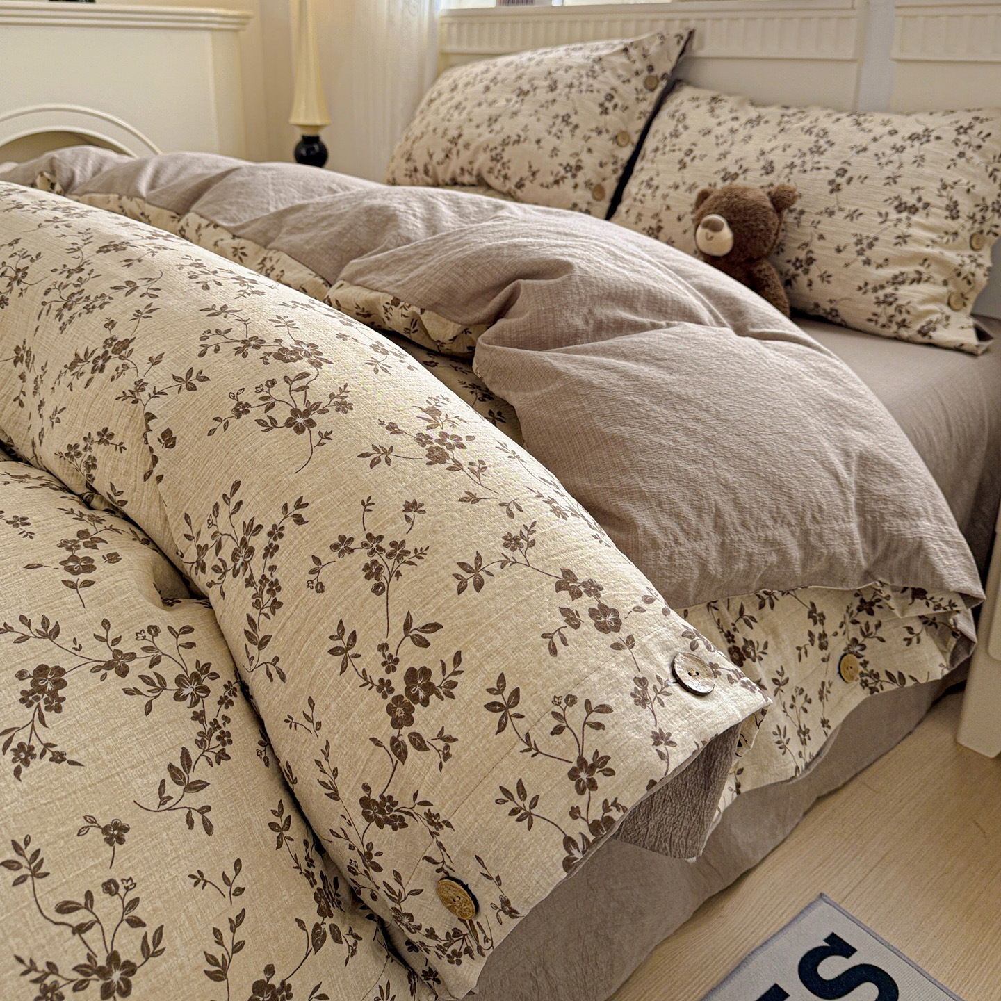 A类水洗棉原麻四件套复古碎花纽扣款床单床笠被罩三件套床上用品