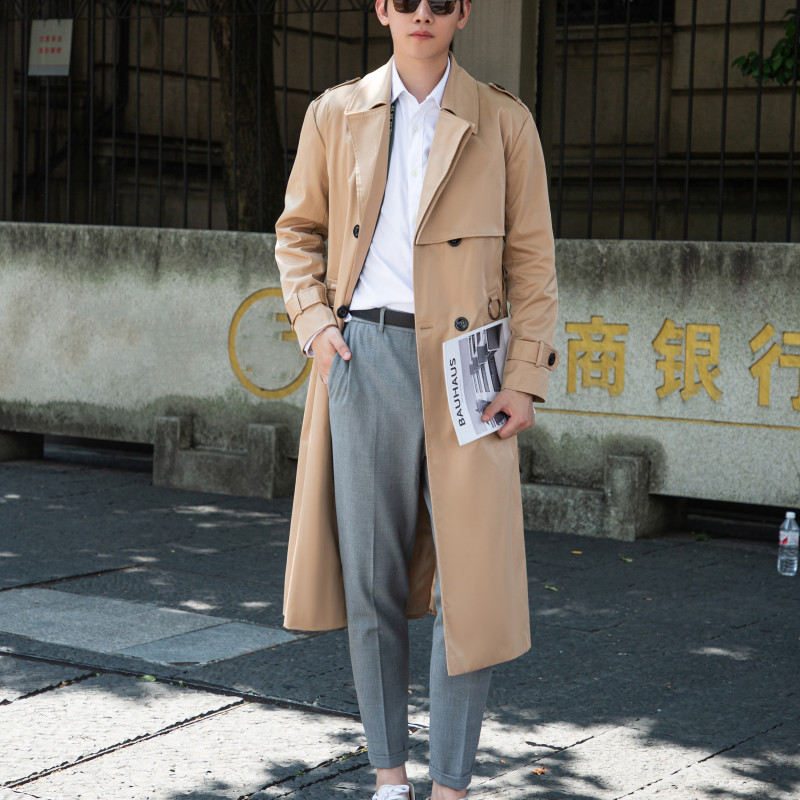 Trendy Men's Trench Coat for Spring and Autumn, Ultra-Long Over-The-Knee Jacket, Korean Style, Stylish and Versatile British Coat