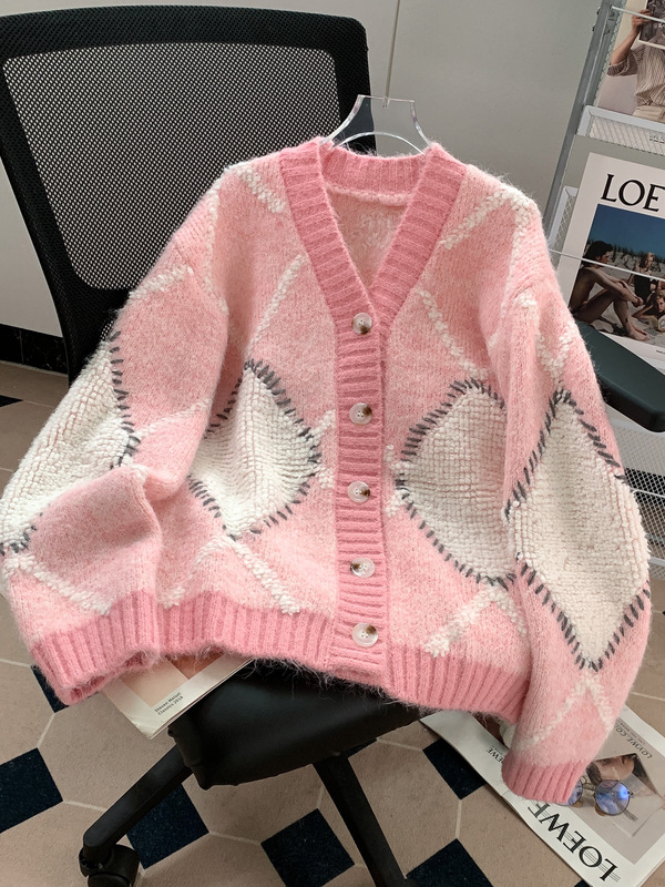 撞色菱格植绒开衫毛衣女2025秋冬新款宽松休闲慵懒风V领针织外套|undefined