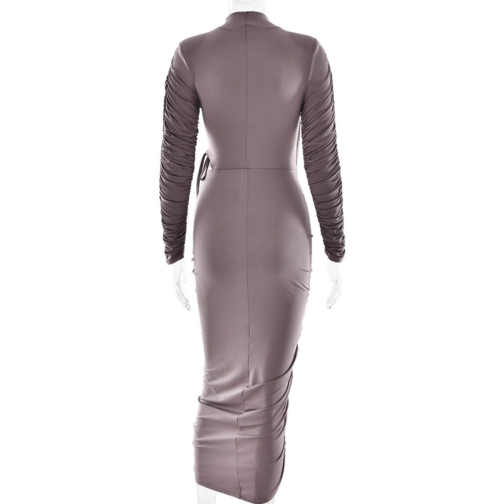 Women's New Sexy Long Sleeve Ruched Drawstring Tie‑Up Bodycon Maxi Dress_ecoleips.com