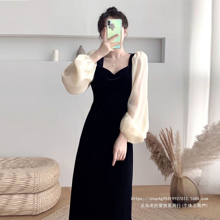 Black velvet dress for women, spring and autumn, French square neck, puff sleeves, waist-cinching, slimming, vintage style, Hepburn long dress Black velvet dress for women, spring and autumn, French square neck, puff sleeves, waist-cinching, slimming, vintage style, Hepburn long dress