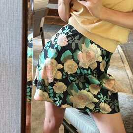 2026夏季新款玫瑰复古油画印花斜裁迷你松紧腰真丝半身裙54