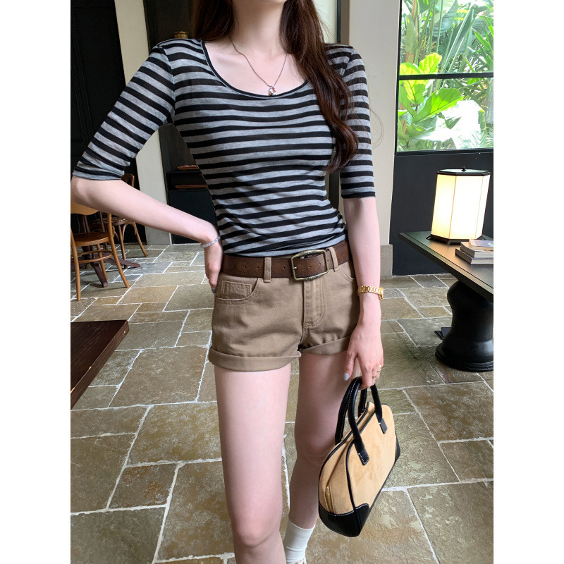 In-Stock Lyocell Tencel Design Striped Color-Block Short-Sleeve T-Shirt for Women 2025 Summer New Beautiful Top for Women In-Stock Lyocell Tencel Design Striped Color-Block Short-Sleeve T-Shirt for Women 2025 Summer New Beautiful Top for Women