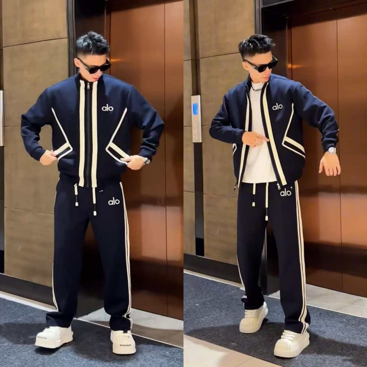 Otoño aire capa de moda letras cremallera chaqueta de cuello suelta pantalones rectos versátiles conjunto de empalme a rayas estadounidenses