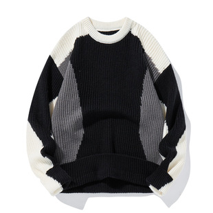 Contrast Color Sweater Men's Winter fleece-lined Thickened Trendy Brand Knitted Sweater Men's Loose Design Sense Lazy Style Warm Sweater