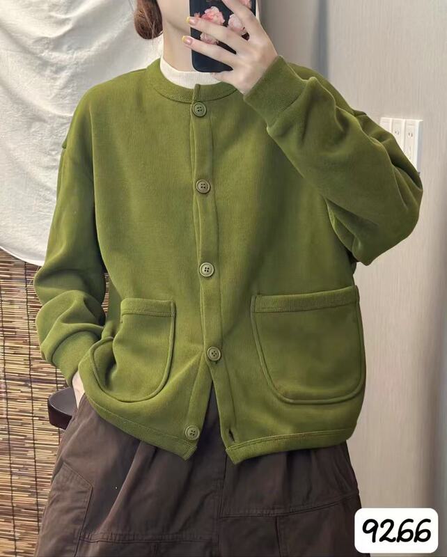 CO秋冬款韩版宽松简约圆领双口袋加绒休闲外套百搭保暖上衣女9266|undefined