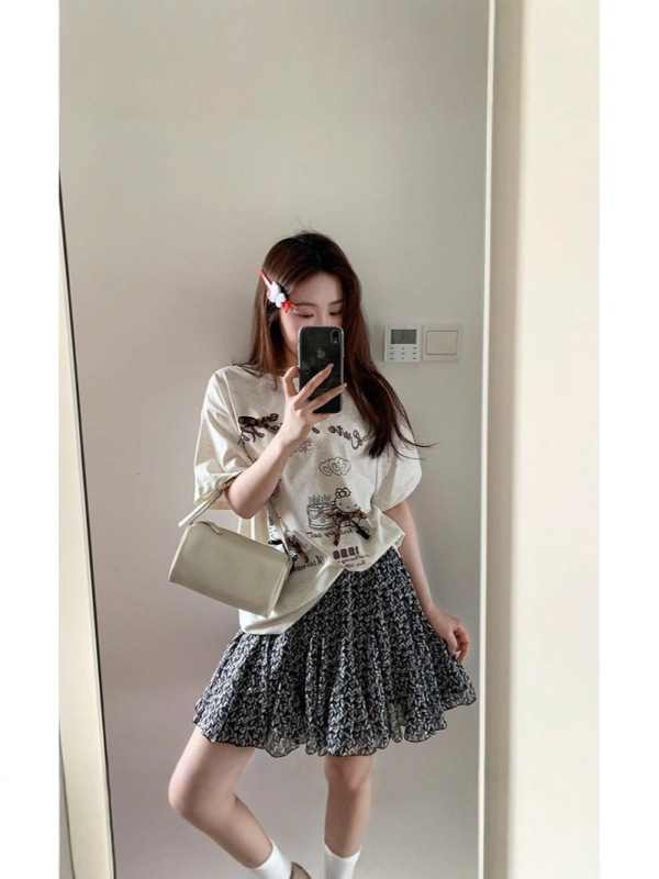 甜美黑色碎花半身裙子女夏季新款短 裙百搭短裙小个子|undefined
