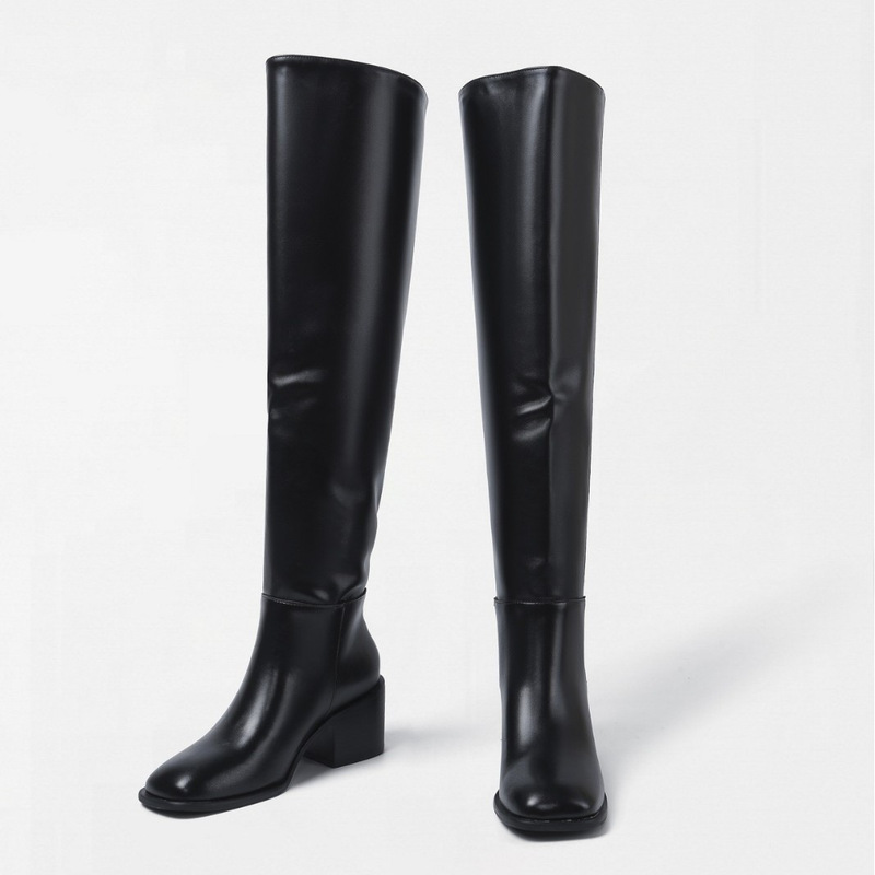 ZA2025 autumn and winter new thick heel black leather boots wide tube square head boots ladies high tube knee-high boots popular