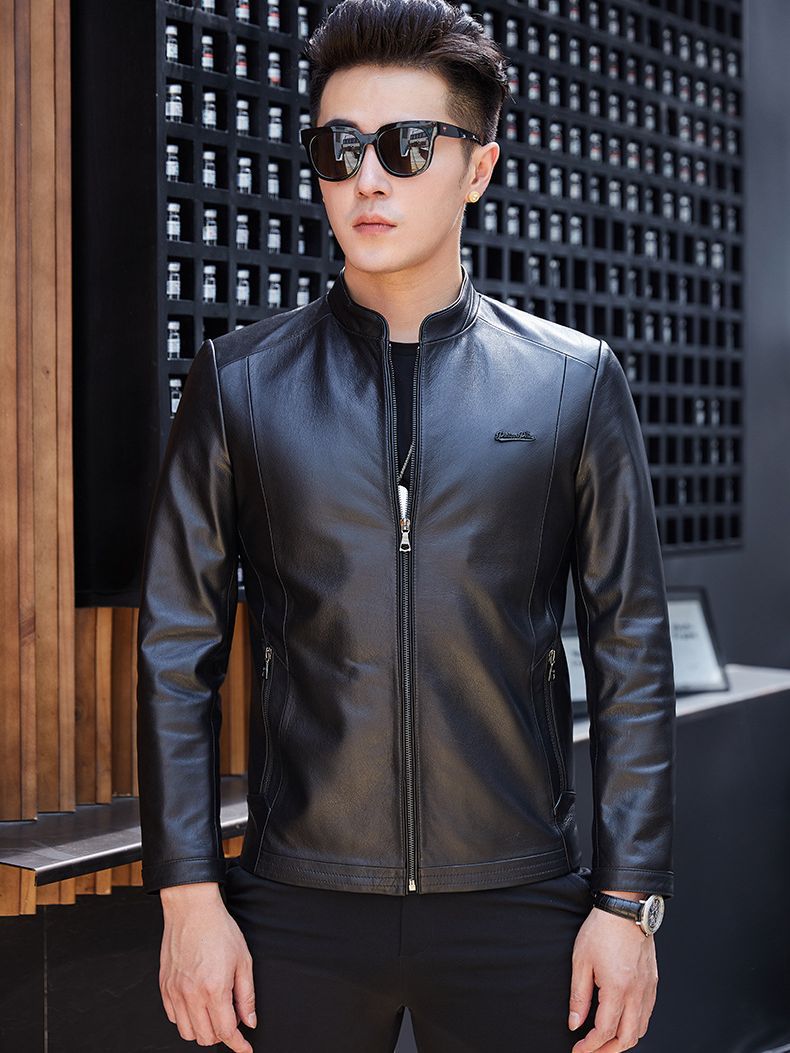 New Leather Men's Haining Leather Collar Layer Cowhide Autumn and Winter Middle-aged Business Casual Black Leather