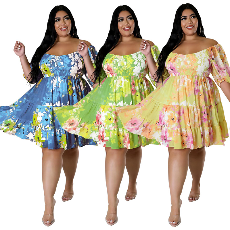 Plus Size Off Shoulder Floral Dress With Puff Sleeves, Flowy Swing Midi Dress For Women_ecoleips.com