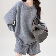 韩版灰色宽松慵懒风圆领毛衣高腰短裤针织套装女两件套秋冬装女潮