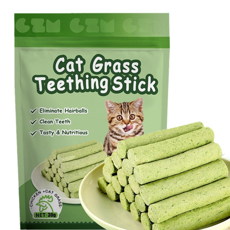 跨境猫草棒宠物零食去毛球温和排毛即食袋猫咪英文包装国外猫草棒
