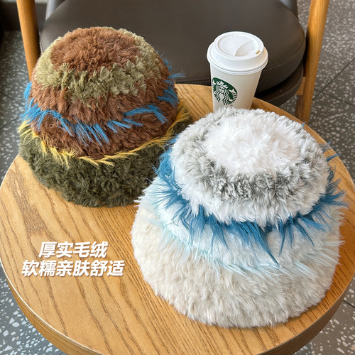 Internet celebrity plush atmosphere basin hat for girls in winter thickened warm bucket hat Korean version soft waxy woolen hat fisherman hat
