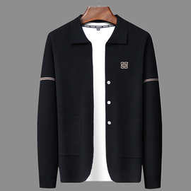 2024春秋季新款男士中青年翻领韩版针织衫时尚休闲刺绣毛衣外套