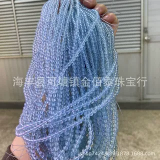 天然海蓝宝三圈手链精品海蓝宝素圈冰体透蓝4mm佛珠散珠配饰批发