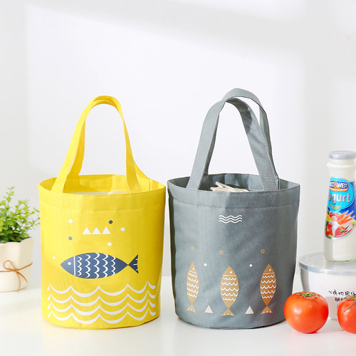 Portable drawstring lunch bag large capacity fresh-keeping insulated lunch box bag round barrel thickened insulated bag student lunch box bag